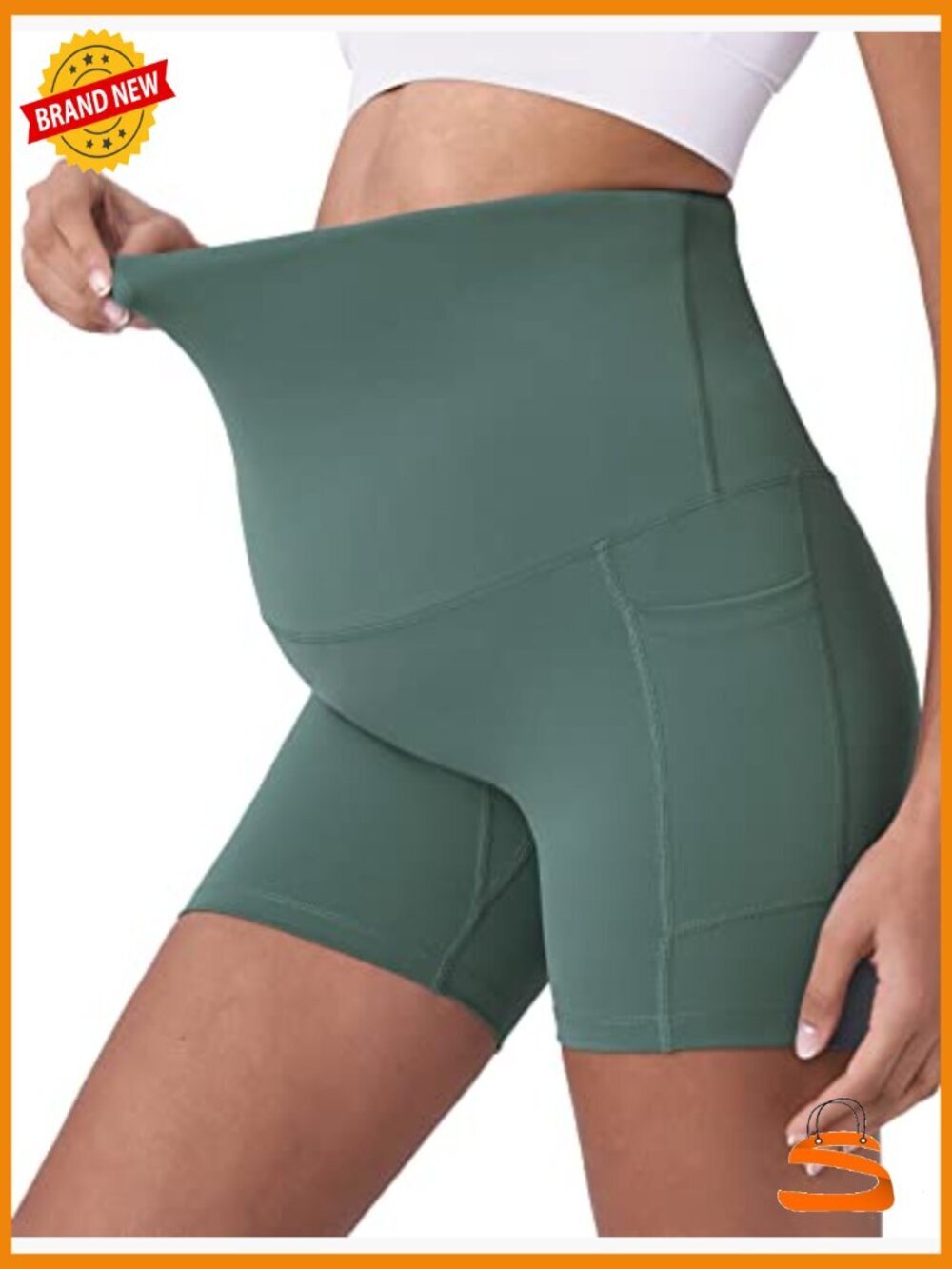 Maternity Yoga Shorts Over The Belly Summer Workout Active Shorts with Pockets - Picture 5 of 7